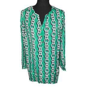 IMAN Global Chic Long Sleeve Tunic Top Size S Green Chain Printed Silky Casual